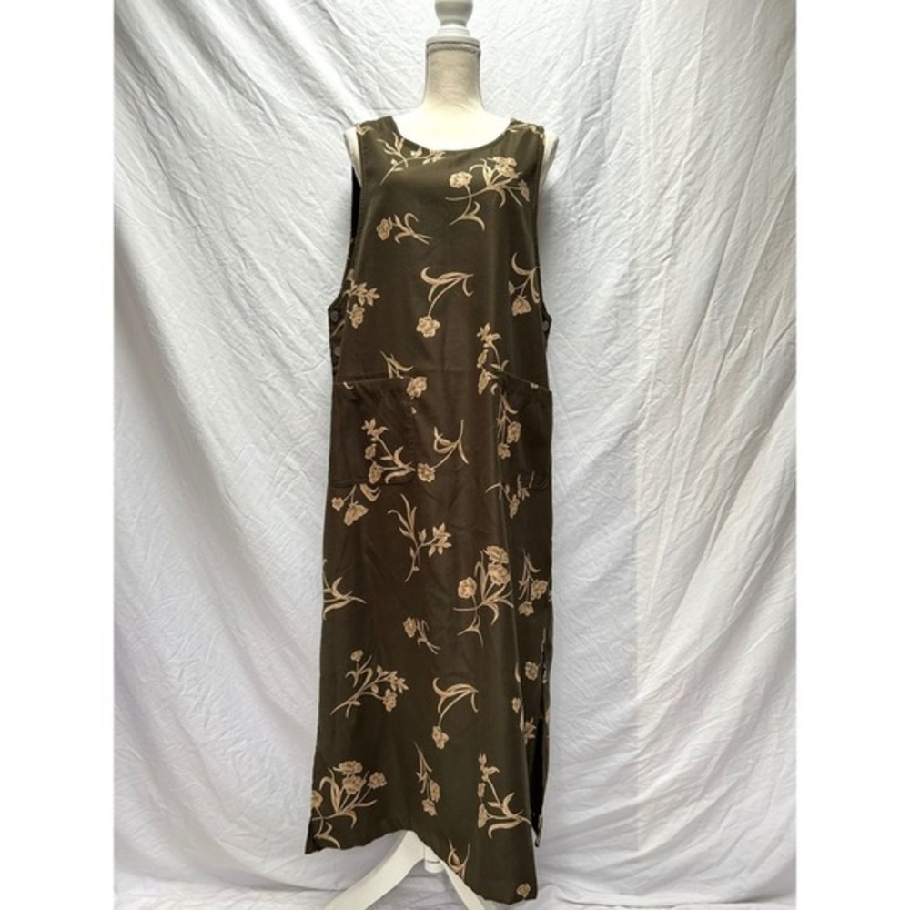 Erika Studio Olive Green Brown Floral Midi Dress Pinafore Pockets Large